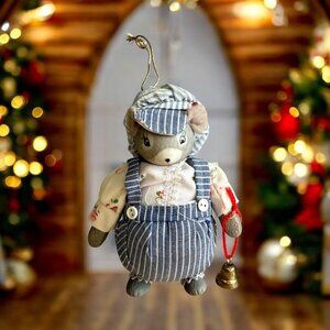 1983 Kurt Adler Christmas Ornament Porcelain Boy Mouse in Overalls Cap Bell